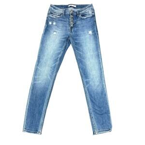 Flying Monkey Button Fly Ankle Distress Classic Blue Jeans Size 28 F4166